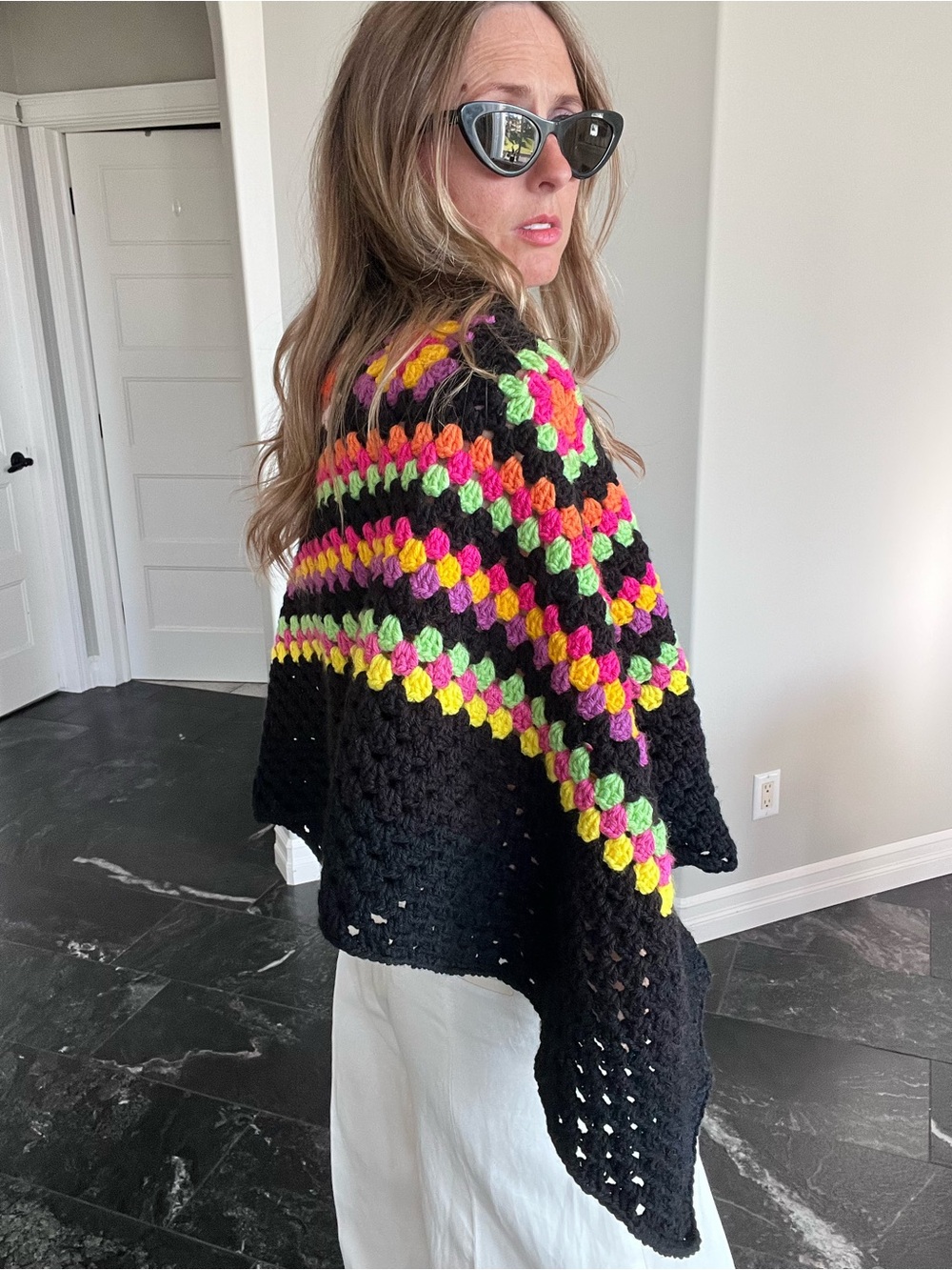 Black Crochet Granny Square Poncho  Floral Boho Y2K 70s Festival Cape